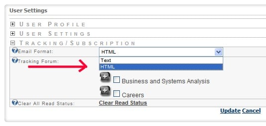 Select the type of e-mail notification you would like to receive (Plain Text or HTML)